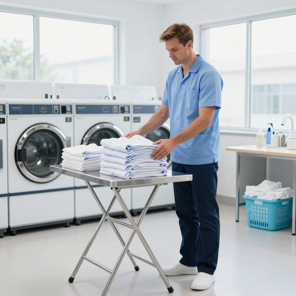 Employé en uniforme bleu pliant du linge blanc propre sur une table en acier inoxydable dans une buanderie commerciale à Montréal