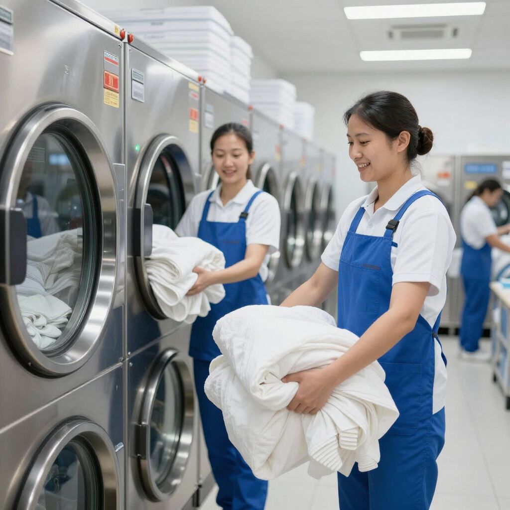Deux employés en tablier bleu souriant tout en chargeant du linge propre dans des machines à laver industrielles