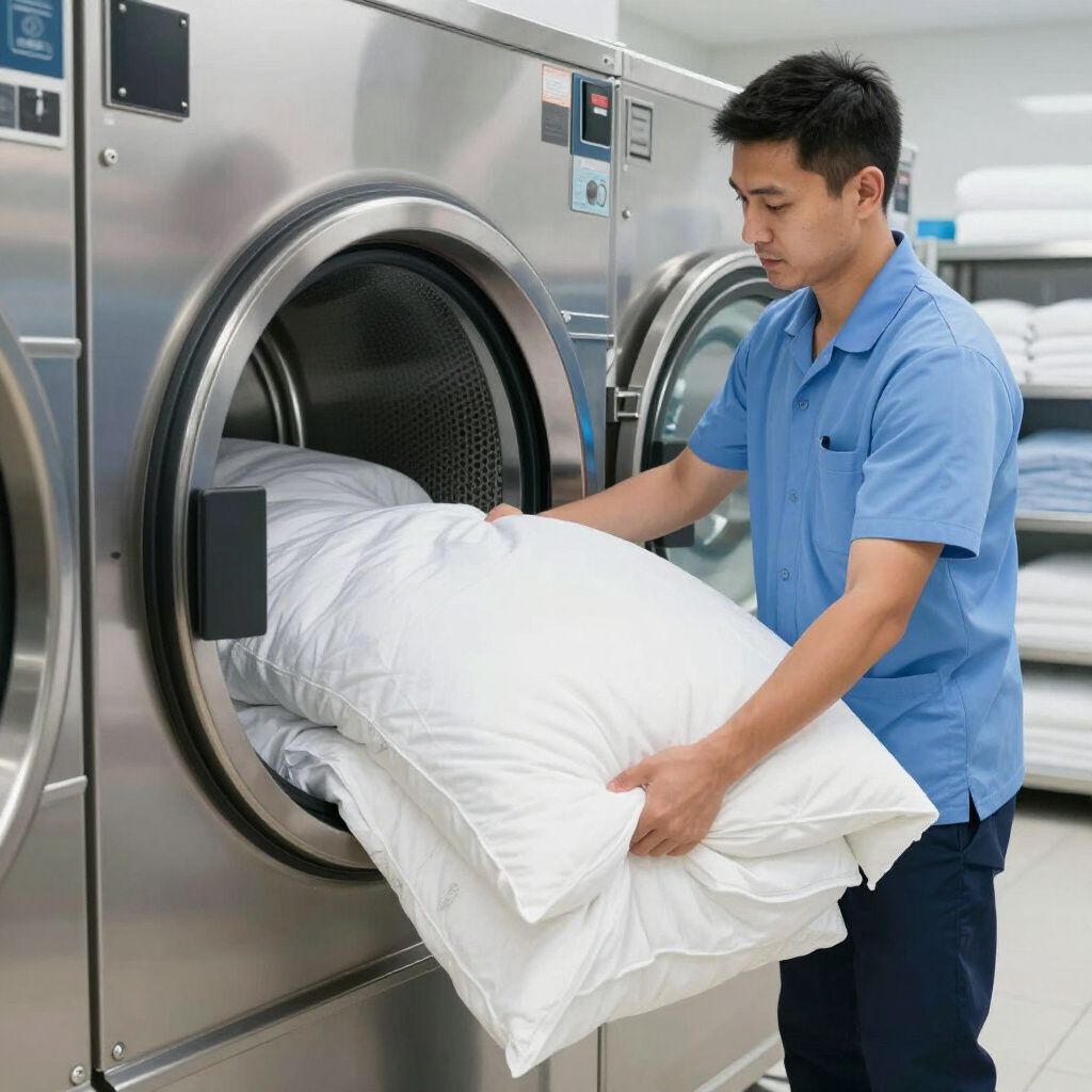 Employé de buanderie chargeant une couette blanche dans une machine à laver industrielle en acier inoxydable